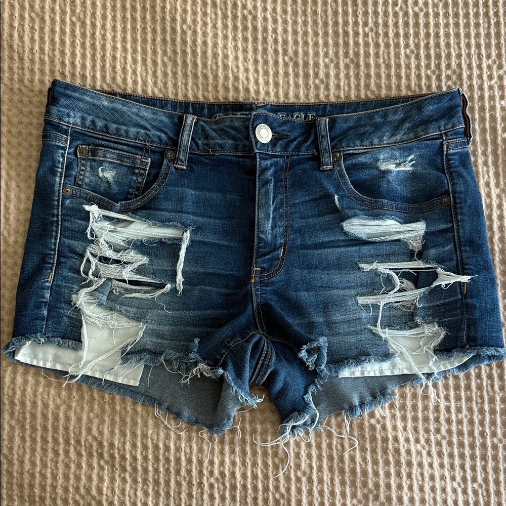 American Eagle Outfitters Dark Blue Distressed Jean Shorts